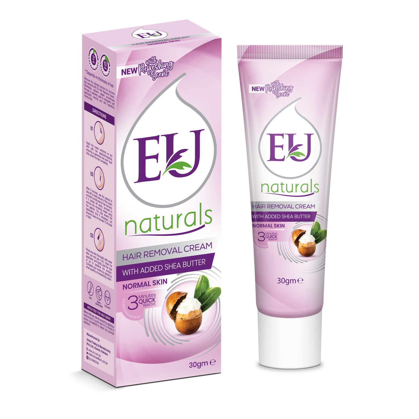 A 30g tube of EU Naturals Hair Removal Cream with added shea butter, shown next to its matching purple and white packaging box on a white background.