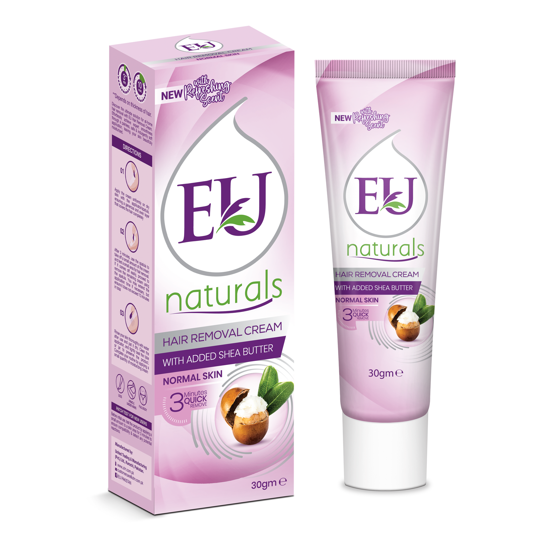 A 30g tube of EU Naturals Hair Removal Cream with added shea butter, shown next to its matching purple and white packaging box on a white background.